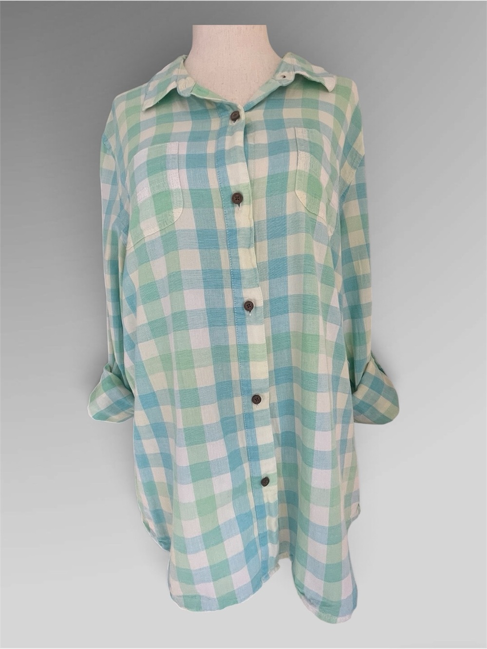 The North Face Pastel Green and Light Blue Plaid Button-Down Shirt